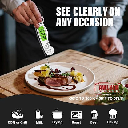 AWLKIM Digital Meat Thermometer with Doneness Chart, 2-Sec Instant Read Food Thermometer for Cooking, Grilling, Oven, Air Fryer - Waterproof Backlit Magnetic Flip Probe, Gift for Men, Dad - Black - Image 5