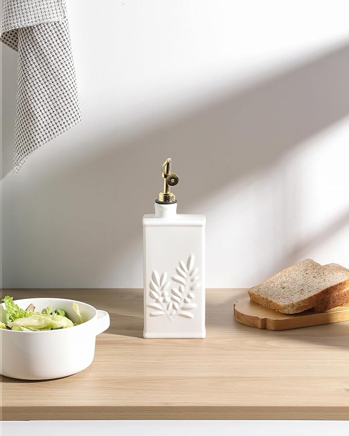 Sweejar Ceramic Olive Oil Dispenser Bottle for Kitchen, 17 Oz Relief Opaque Oil and Vinegar Dispenser Bottle with Spout, Suitable for Soy Sauce, Coffee Syrup, Liquids (White)