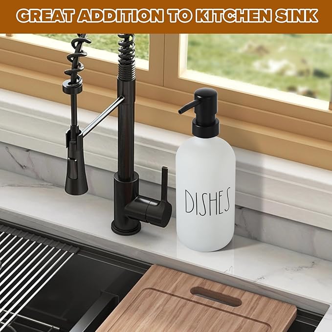 VIMERPA Dish Soap Dispenser, Matte White Soap Dispenser for Kitchen, Glass Dishes Soap Dispenser with Plastic Pump, 17 Fl Oz Refillable Liquid Soap Bottle Container, Farmhouse Kitchen Decor - Image 4