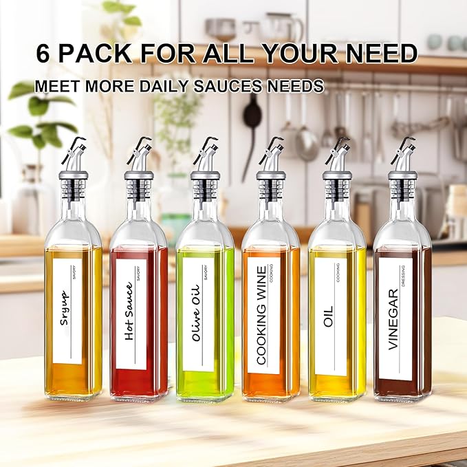GMISUN Olive Oil Dispenser Bottle, 6 Pack Oil Dispensers Bottles for Kitchen, Cooking Vinegar Dispenser Set, Glass Container Cruet-Pourer Spout, Funnel and Labels - Image 8