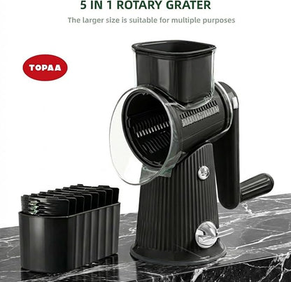Rotary Cheese Grater with Handle - Vegetable Shredder with 5 Blades & Strong Suction Base, Round Slicer & Food Chopper for Kitchen (Black)