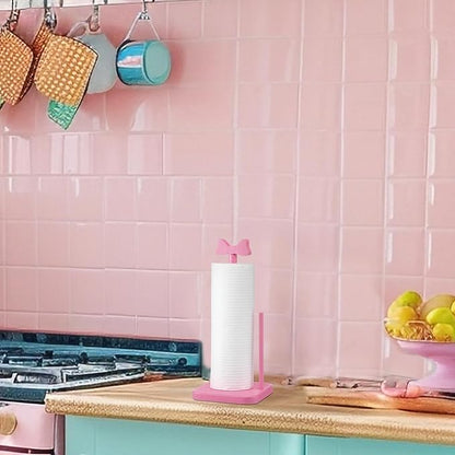 Leinuosen Pink Bow Paper Towel Holder Coquettish Cute Bow Wooden Paper Towel Holder Pink Bathroom Countertop Accessories Kitchen Roll Stand Organizer Standing Apartment Decor Housewarming Gift