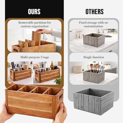 Wooden Caddy Utensil Holder - Premium Acacia Wood Utensil Caddy with Sturdy Design for Easy Organization - Perfect Kitchen Utensil Organizer for Counters, Dining Tables, and Everyday Use