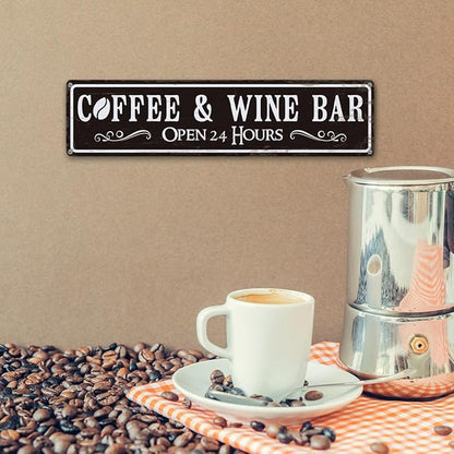 Coffee and Wine Bar Decor, Coffee & Wine Bar Open 24 Hours Sign, Retro Metal Tin Sign, Rustic Farmhouse Wall Decoration, Vintage Home Decor for Kitchen, Coffees Station Decors, 15.8x4 Inches - Image 6
