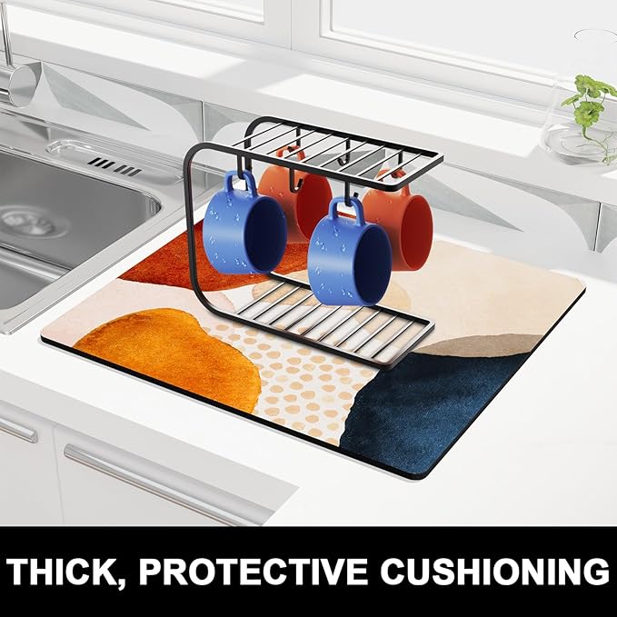 Rnivvi Dish Drying Mat for Kitchen Counter, 16 x 18" Cute Boho Theme Absorbent Heat Resistant Drying Pad with Non-slip Rubber, Coffee Bar Mats for Coffee Machine Dish Rack, Abstract Stones Art - Image 2
