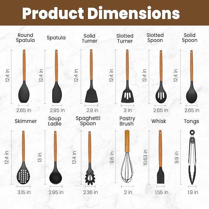 Kitchen Utensils Set - 12 Pcs Silicone Cooking Utensils Set with Wooden Handle - Heat Resistant Non-Stick BPA Free Spatula Set,Turner, Spoon, Brush, Silicone Kitchen Gadgets Utensil Set - Image 2