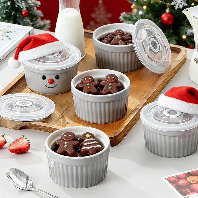 vancasso 6 oz Ramekins with Lid, Porcelain Creme Brulee Souffle Dishes,Set of 6, Grey Pudding Custard Cups Ramiken for Baking, Dishwasher and Oven Safe - Image 5