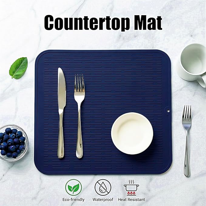 MicoYang Silicone Dish Drying Mat for Multiple Usage,Easy clean,Eco-friendly,Heat-resistant Silicone Mat for Kitchen Counter or Sink,Refrigerator or Drawer Liner Navy Blue XL 18 inches x 16 inches - Image 3