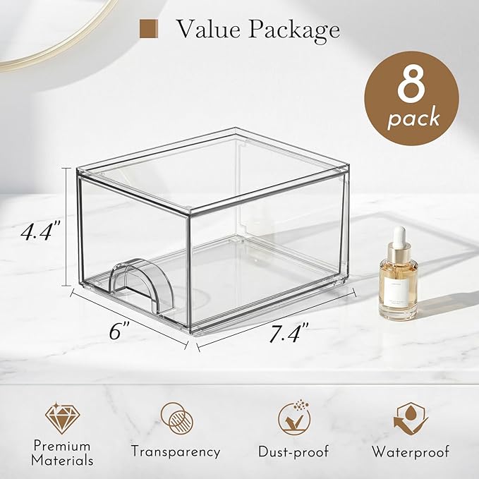 8 Pack Small Clear Stackable Acrylic Storage Boxes Storage Drawers, Storage Organizer, Clear Plastic Makeup Organizer, Ideal for Vanity, Cabinet, Desk Organization - Image 2