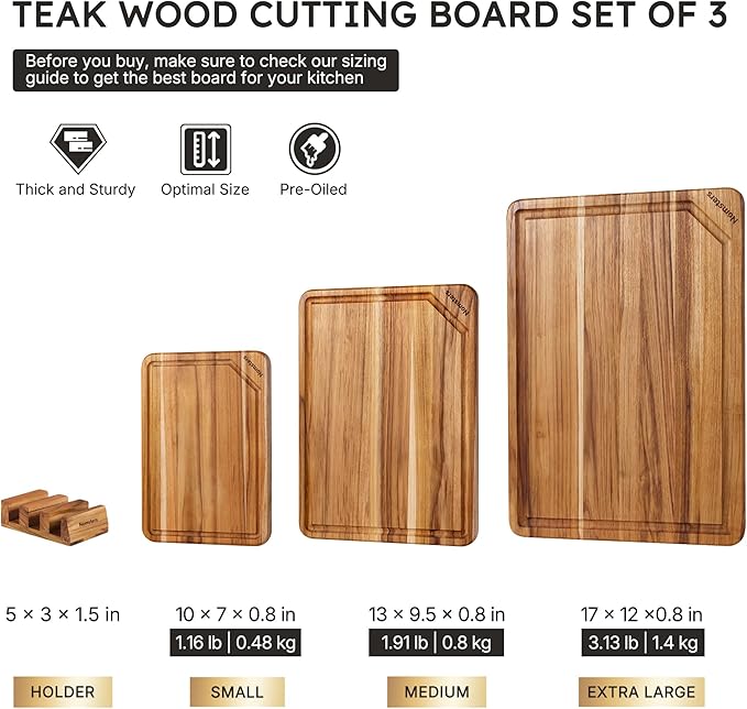 3 Pack Teak Wood Cutting Board Set for Kitchen Charcuterie Board Serving Heavy Duty Non Toxic Slip Hardwood Over Sink Solid Thick Haus Wooden Chopping Board Large Big Small Meat Best Essential Gift - Image 2