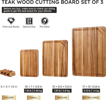 3 Pack Teak Wood Cutting Board Set for Kitchen Charcuterie Board Serving Heavy Duty Non Toxic Slip Hardwood Over Sink Solid Thick Haus Wooden Chopping Board Large Big Small Meat Best Essential Gift - Image 2