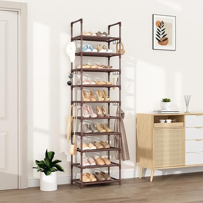 VTRIN 10 Tiers Tall Shoe Rack Holds 20-25 Pairs of Shoes Sturdy Vertical Shoe Organizer with 18pcs Hooks Stackable Narrow Shoe Rack for Closet, Entryway Brown - Image 2