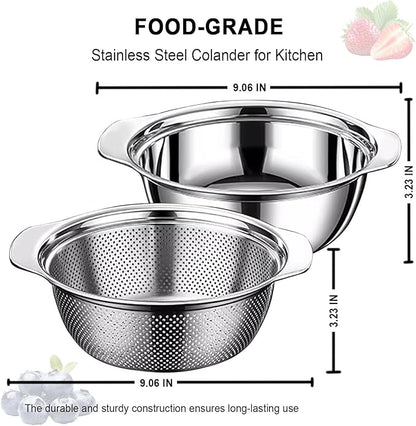 Colander for Kitchen, 1.5 QT 18/8 Stainless Steel Colander, Stainless Steel Strainer with Mixing Bowl, Rice Strainer with Handle for Washing Vegetables, Fruit, Rice, and Pasta (2 PC)