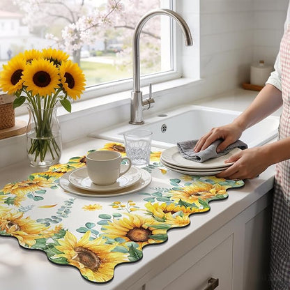 LOKHOM Scalloped Floral Dish Drying Mat, 18"x24" Super Absorbent Coffee Mat with Watercolor Yellow Sunflowers, Cuttable Hide Stain Non-slip Drying Mat for Kitchen Counter Coffee Maker Espresso Machine - Image 8