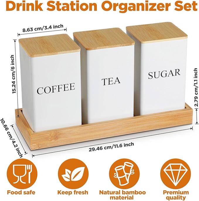 3 Pack Coffee Tea Sugar Container with Tray Airtight Metal Canister with Bamboo Lid Tray for Kitchen Counter Dining Room Farm House Kitchen Style Drink Station Organizer Set(White)