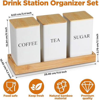 3 Pack Coffee Tea Sugar Container with Tray Airtight Metal Canister with Bamboo Lid Tray for Kitchen Counter Dining Room Farm House Kitchen Style Drink Station Organizer Set(White)