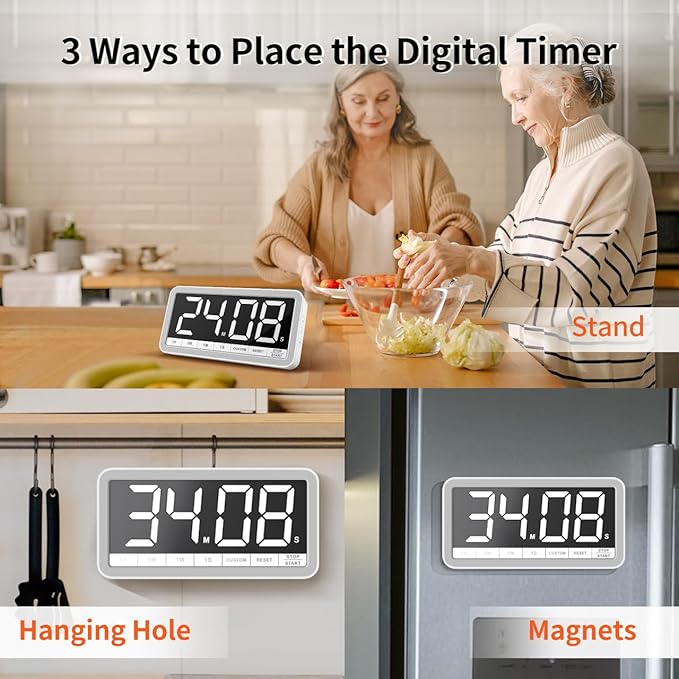 VOCOO Digital Kitchen Timer with 7.8” Extra Large Display, Magnetic, LED with 3 Brightness, 4 Alarms and 3 Volume Levels, Battery Countdown Count Up Timer for Cooking, Classroom, Home Gym (White) - Image 6