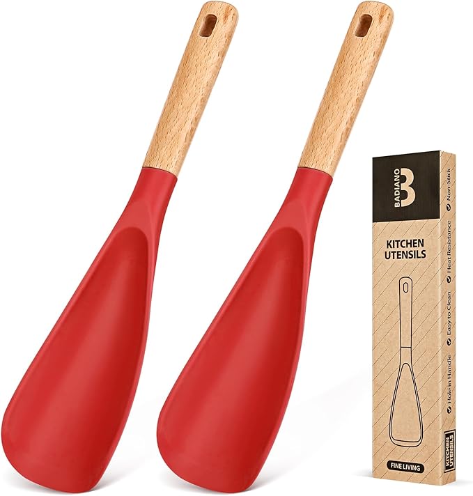 Cooking Spoon for Nonstick Cookwares, Great for Cooking and Serving Sturdy BPA-Free Matte Silicone, Wood Handle Spoon for Mixing, Scoop, and Scrape (2 Pack of Red, 11.4 inch) by BADIANO