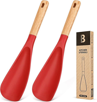 Cooking Spoon for Nonstick Cookwares, Great for Cooking and Serving Sturdy BPA-Free Matte Silicone, Wood Handle Spoon for Mixing, Scoop, and Scrape (2 Pack of Red, 11.4 inch) by BADIANO