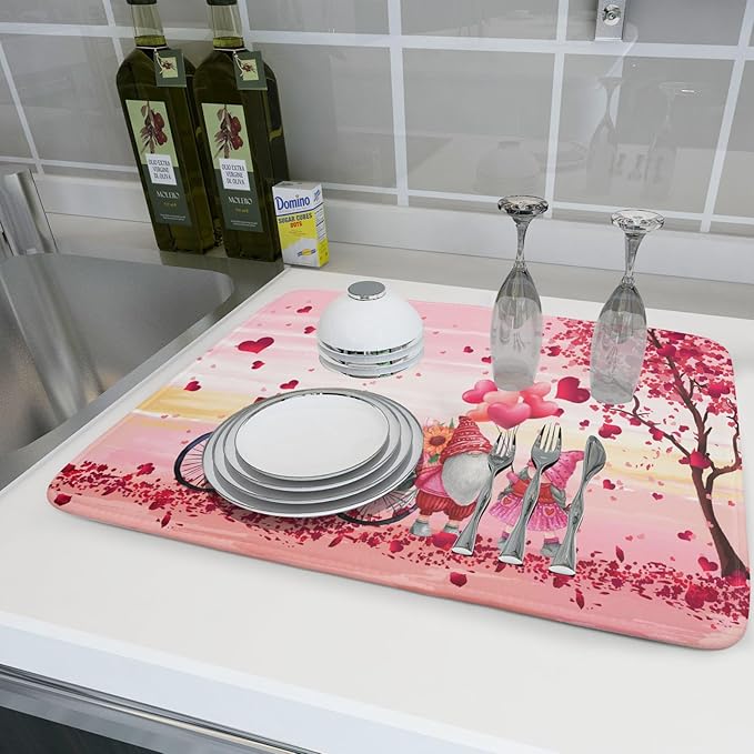 Pink Heart Valentine's Day Gnomes Dish Drying Mat for Kitchen Counter,Pink Bicycle Love Tree Drying Mat 18 x 24 Inch with Absorbent Reversible Microfiber Dish Drying Pad Dish Rack Pad for Coffee Bar - Image 6