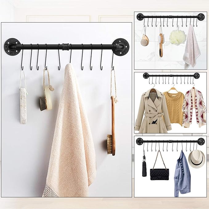 Toplife 31.5 inch Pot Rack, Kitchen Wall Mounted Detachable Pan Lid Utensils Organizer Hanging Rail with 14 Hooks, Black - Image 5