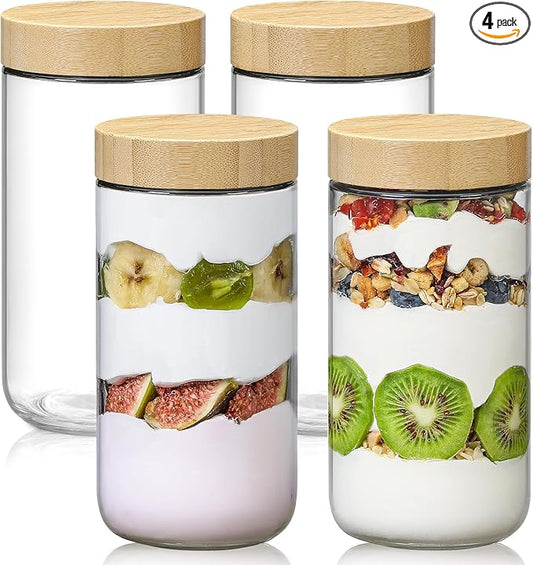 NETANY 4-pack 24oz Glass jars with Airtight Lids, Overnight Oats Containers with Bamboo Lids, Wide mouth Mason Salad jars, Glass Food Storage Containers for Snacks Yogurt Spice Sugar by NETANY