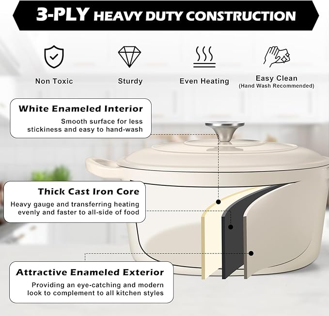 TeamFar 5Qt Dutch Oven, Enameled Cast Iron Dutch Oven with Lid & Dual Handles for Cooking Baking Braising Simmering, Healthy & Sturdy, Oven & Various Stovetops Safe, Non-stick & Easy Clean - Cream White - Image 4
