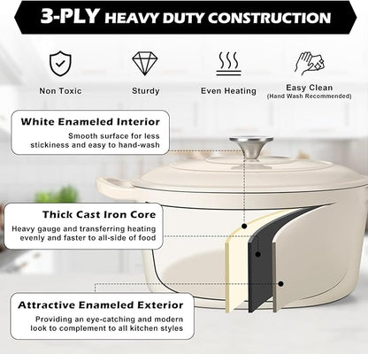 TeamFar 5Qt Dutch Oven, Enameled Cast Iron Dutch Oven with Lid & Dual Handles for Cooking Baking Braising Simmering, Healthy & Sturdy, Oven & Various Stovetops Safe, Non-stick & Easy Clean - Cream White - Image 4