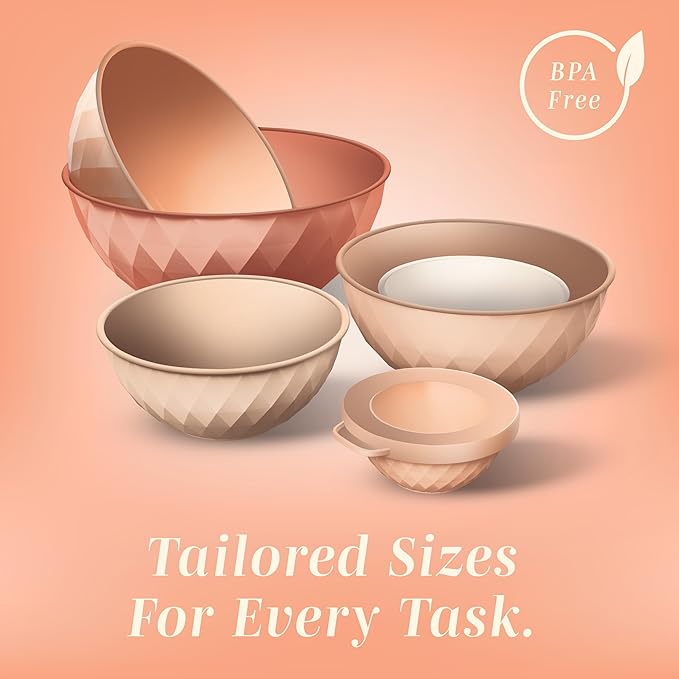 COOK WITH COLOR Mixing Bowls with Lids - 12 Piece Plastic Nesting Bowls Set includes 6 Prep Bowls and 6 Lids, Microwave Safe Mixing Bowl Set, Orange Diamond - Image 5