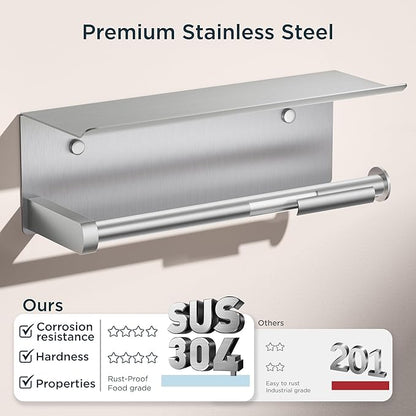 FORIOUS Paper Towel Holder with Shelf, SUS304 Stainless Steel Paper Towel Holder with Storage Shelf, Wall Mount Screw Paper Roll Organizer Commercial Paper Hand Towel Dispensers, Sliver - Image 2