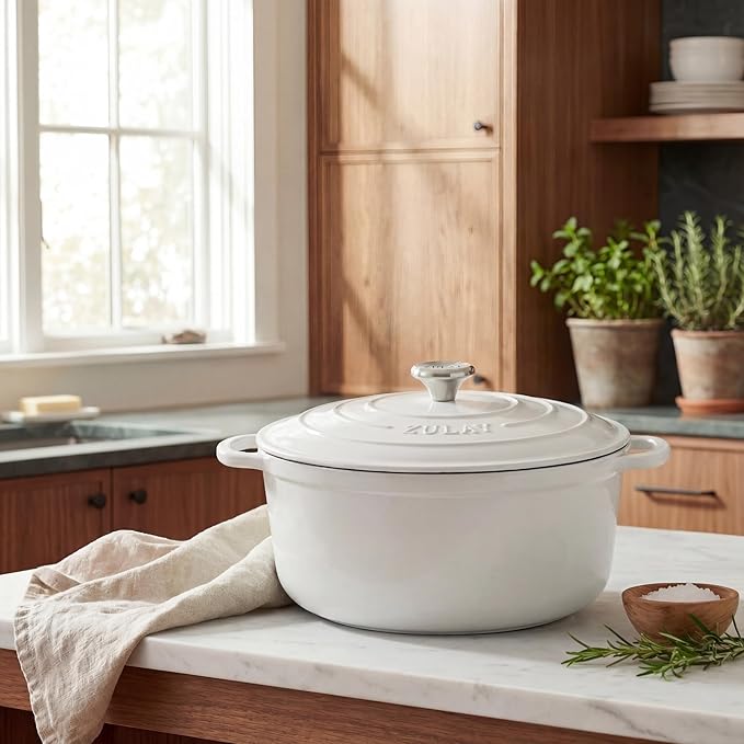 Zulay Kitchen 7.7 Quart Enameled Cast Iron Dutch Oven Pot with Lid – Premium Durability & Oven Safe up to 500°F – Heavy Duty Cookware Perfect for Bread Baking, Stews, Braising & Roasting – White - Image 2