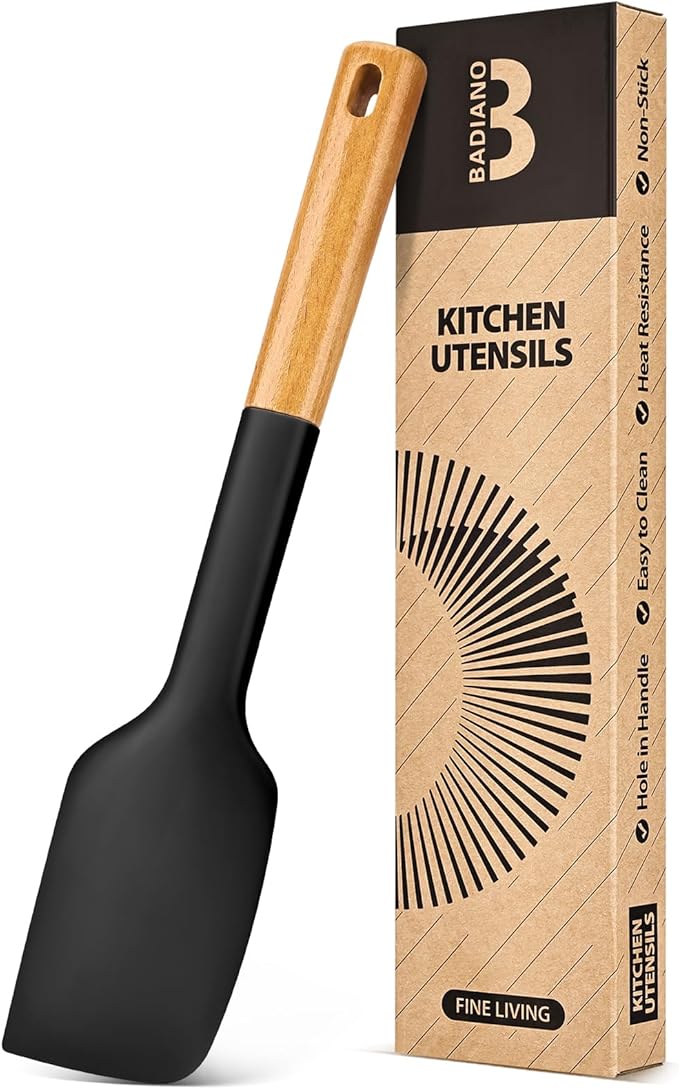 Silicone Heavy-Duty Spatula, Great For Tough Mixing And Stirring, Sturdy Bpa-Free Matte Silicone, Wooden Handle Rubber Scraper For Nonstick Cookwares (BLACK)
