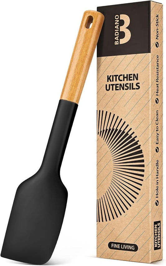 Silicone Heavy-Duty Spatula, Great For Tough Mixing And Stirring, Sturdy Bpa-Free Matte Silicone, Wooden Handle Rubber Scraper For Nonstick Cookwares (BLACK)