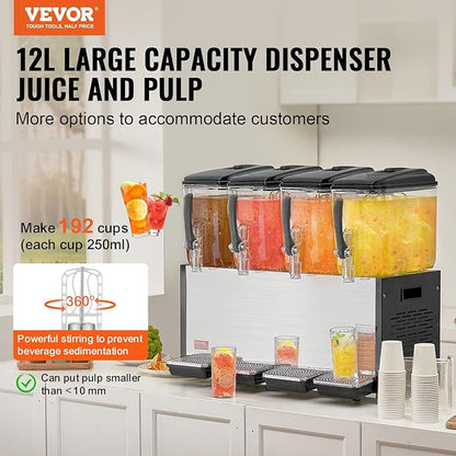 VEVOR Commercial Beverage Dispenser, 4 Tanks 12 L / 12.7 QT Per Tank Juice Dispenser, 510W Stainless Steel Ice Tea Drink Machine with 45°F-54°F Cooling Temperature, for Cold Drink Restaurant Bar Party - Image 2