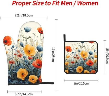 Colorful Wildflower Oven Mitts and Pot Holders Set of 3,Heat Resistant Non Slip Blue and Orange Floral Kitchen Gloves Hot Pads for BBQ Grilling,Chef Cooking Baking Gifts for Women Bakers
