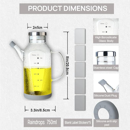 High Borosilicate Glass Oil Bottle-Olive Oil Dispenser for Kitchen-Soy Sauce and Vinegar Dispenser Bottle- Cooking Container Cruet-Oil Dispensing Bottles(Raindrops, Large/750ml)
