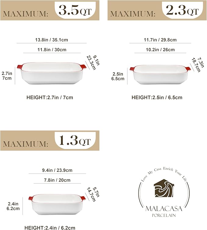 MALACASA Casserole Dishes for Oven, Ceramic Baking Dishes Set of 3, Rectangular Lasagna Pan Deep Baking Pans, Bakeware Sets with Handles Gift Set, White with Red Trim (13.8''/11.7''/9.4''), Series BAKE - Image 2