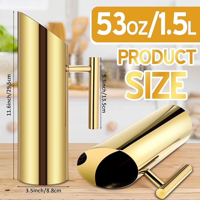 Funnymoom 3 Pack 53oz/1.5l Stainless Steel Water Pitcher Modern Metal Pitcher with Ice Guard Gold Carafe Drink with Handle or Iced Hot Drink Tea Juice Coffee Beer - Image 2