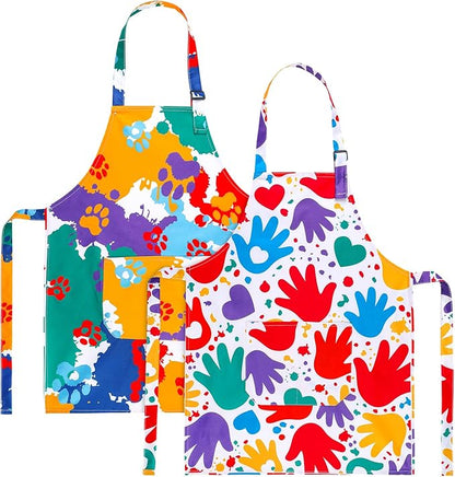 2 Pack Kids Apron, Cute Cooking Aprons, Waterproof Art Apron with Pockets, Toddler Painting Artist Apron Adjustable