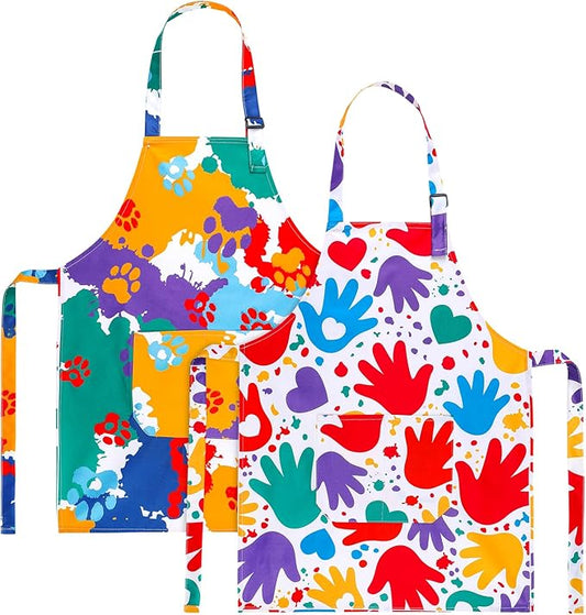 2 Pack Kids Apron, Cute Cooking Aprons, Waterproof Art Apron with Pockets, Toddler Painting Artist Apron Adjustable