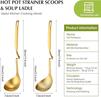 Patelai Hot Pot Slotted Ladle Set Stainless Steel Soup Ladle Strainer Scoops Cooking Skimmer Cookware Utensil for Hotpot Scooping Sauce Serving, 12 Inch(4 Pcs,Gold)