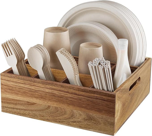 ALELION Acacia Wood Utensil Holder for Party - Paper Plate Organizer for Countertop - Silverware Caddy with 6 Compartments for Plate, Cup, Fork, Spoon - Cutlery Holder for Kitchen Camping Buffet by ALELION