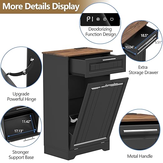 Single 10 Gallon Tilt Out Trash Can Cabinet with Deodorizing Function, Wooden Hidden Garbage Can Holder with Storage Drawers for Kitchen and Dining Room, Laundry Hamper Cabinet for Bathroom, Black