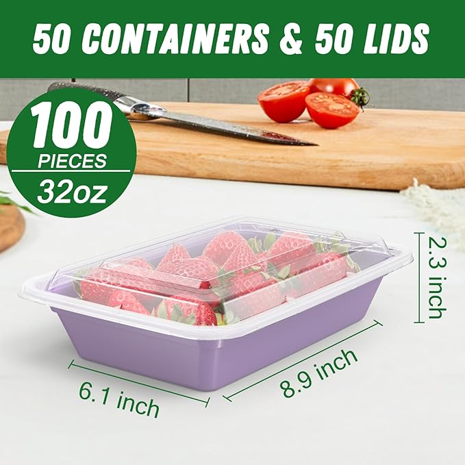 50 Pack (100-Piece) 32 oz Meal Prep Containers Reusable with Easy Open Lids, Sturdy Leakproof Food Safe, Microwave Freezer Dishwasher Safe, To Go Take Out Plastic Food Storage Pans with Lids, Lilac - Image 2