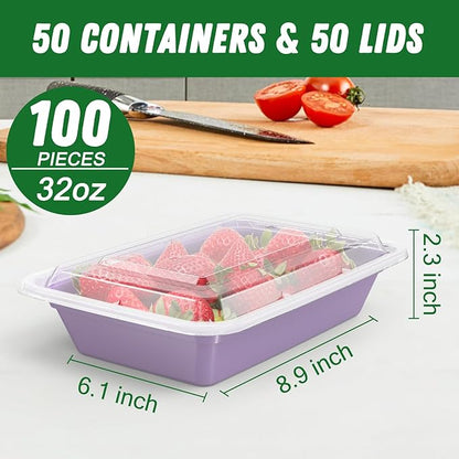 50 Pack (100-Piece) 32 oz Meal Prep Containers Reusable with Easy Open Lids, Sturdy Leakproof Food Safe, Microwave Freezer Dishwasher Safe, To Go Take Out Plastic Food Storage Pans with Lids, Lilac - Image 2