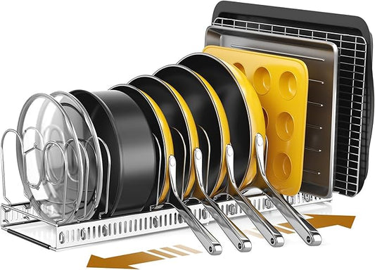 ORDORA Pots and Pans Organizer under Cabinet with Pan Holder: Expandable 11.8"-22.8" Kitchen Cabinet Organizer Rack, 12 Adjustable Dividers Storage for Cookie Sheets, Cutting Boards & Lid, Silver by ORDORA