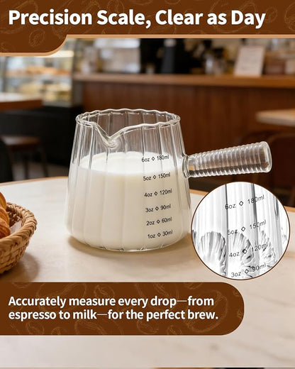 2 Pack Espresso Measuring Cup, 6oz Borosilicate Glass Espresso Cups with Glass Handle, V-Shaped Spout Milk Frothing Cup for Coffee, Tea, Syrup – Dishwasher Safe