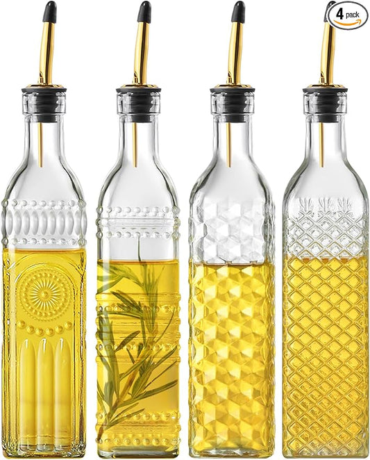 4 Pcs Olive Oil Dispenser Bottle for Kitchen, 17oz Clear Glass Oil and Vinegar Dispenser Bottle Set with 4 Stainless Steel Spouts and 1 Funnel (Square) by Ruiao