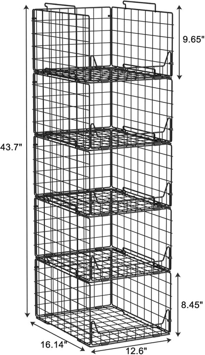 Jakyitvi 5-Tier Stackable Closet Organizer Shelf – Foldable Metal Storage Bins for Clothes, Sweaters & Towels | Stylish Black Wire Baskets for Bedroom, Wardrobe, Dorm or Entryway