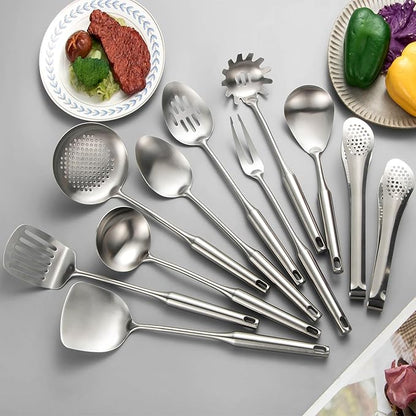 304 Stainlss Steel Kitchen Utensils Set, 11 Pcs Long Metal Cooking Utensil Gadgets Tools Set with Spatula, Ladle, Spoon, Ladle, Skimmer, Tunner, Pasta Server, Tongs(Silver, Dishwasher Safe) - Image 7